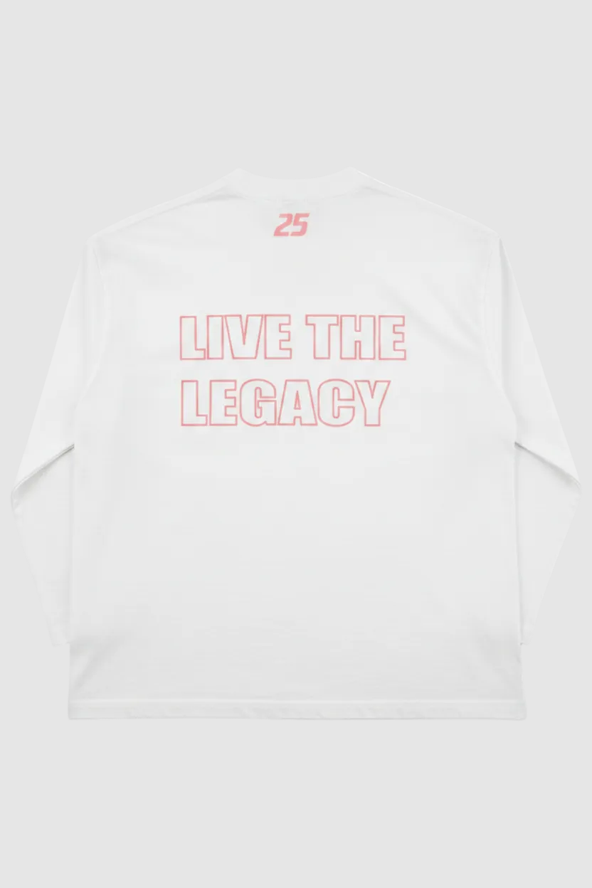 White sweatshirt with 'Live the Legacy' text on the back against a white background